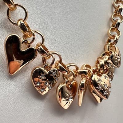 Vintage Y2K Gold Tone Multi Heart Charm Rhinestone Necklace Chunky Chain Jewelry - Thumbnail 3