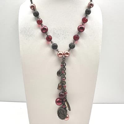 Vintage 90s Avon Beaded Charm Lariat Necklace Cameo Angel Heart Women's Jewelry