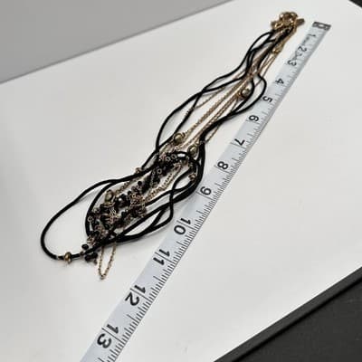 Vintage 90s Multi Strand Beads Black Cord Necklace Gold Tone Women's Jewelry - Thumbnail 10