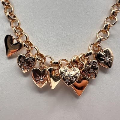 Vintage Y2K Gold Tone Multi Heart Charm Rhinestone Necklace Chunky Chain Jewelry - Thumbnail 2