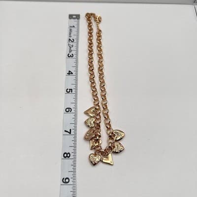Vintage Y2K Gold Tone Multi Heart Charm Rhinestone Necklace Chunky Chain Jewelry - Thumbnail 9