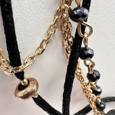 Vintage 90s Multi Strand Beads Black Cord Necklace Gold Tone Women's Jewelry - Thumbnail 7