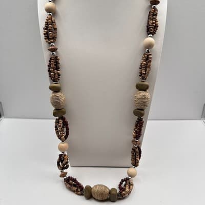 Vintage 90s Chunky Wood Bead Necklace Multi-Strand Earth Tone Statement Boho - Thumbnail 5