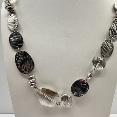 Vintage 90s Silver Tone Textured Disk Clear Glass Beaded Statement Necklace - Thumbnail 3