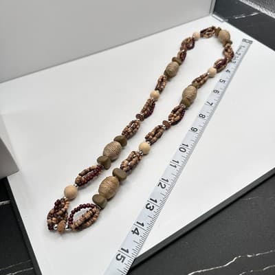 Vintage 90s Chunky Wood Bead Necklace Multi-Strand Earth Tone Statement Boho - Thumbnail 11