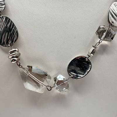 Vintage 90s Silver Tone Textured Disk Clear Glass Beaded Statement Necklace - Thumbnail 6