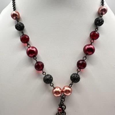 Vintage 90s Avon Beaded Charm Lariat Necklace Cameo Angel Heart Women's Jewelry - Thumbnail 2
