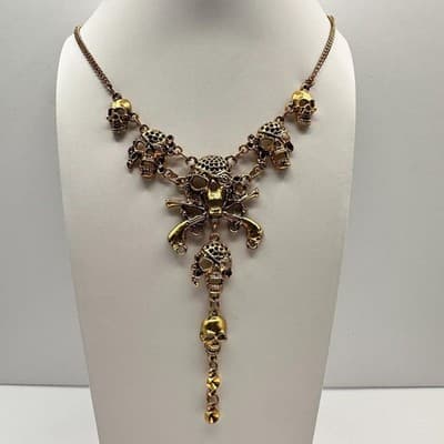 Vintage Y2K Pirate Skull Pistol Multi-Level Necklace Gold Tone Goth Punk Jewelry - Thumbnail 2