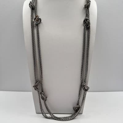 Vintage 90s Multi Strand Silver Tone Knotted Mesh Popcorn Chain Necklace Jewelry - Thumbnail 2
