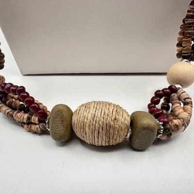 Vintage 90s Chunky Wood Bead Necklace Multi-Strand Earth Tone Statement Boho - Thumbnail 6