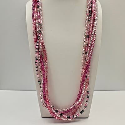 Vintage Y2K Multi Strand Pink Seed Beads Layered Necklace Silver toned Jewelry - Thumbnail 2