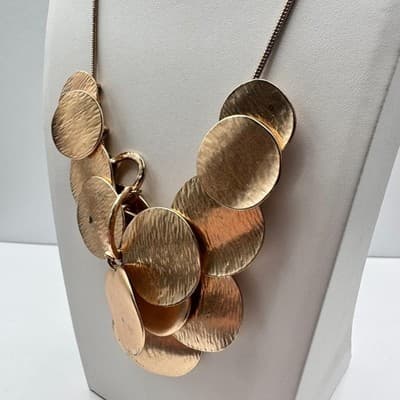 Vintage Y2K Gold Tone Hammered Disc Statement Bib Necklace Boho Women's Jewelry - Thumbnail 6