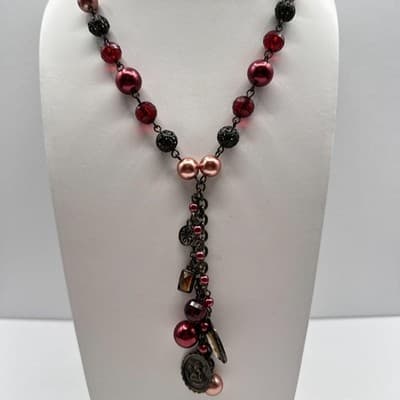 Vintage 90s Avon Beaded Charm Lariat Necklace Cameo Angel Heart Women's Jewelry - Thumbnail 7