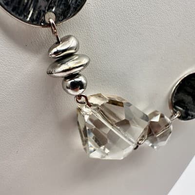 Vintage 90s Silver Tone Textured Disk Clear Glass Beaded Statement Necklace - Thumbnail 5