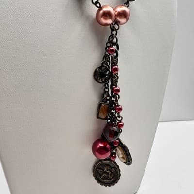 Vintage 90s Avon Beaded Charm Lariat Necklace Cameo Angel Heart Women's Jewelry - Thumbnail 4