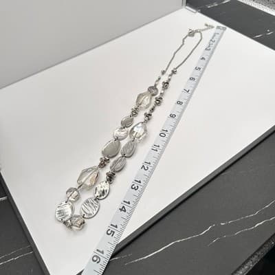 Vintage 90s Silver Tone Textured Disk Clear Glass Beaded Statement Necklace - Thumbnail 9