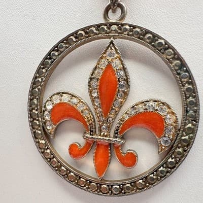Vintage 90s Orange Fleur De Lis Pendant Necklace Multicolor Tone Women's Jewelry - Thumbnail 5