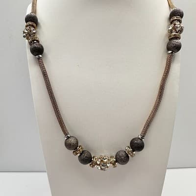 Vintage Y2K Gray Stardust Beads Rhinestone Mesh chain Gold tone Necklace Jewelry - Thumbnail 3