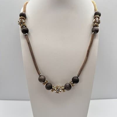 Vintage Y2K Gray Stardust Beads Rhinestone Mesh chain Gold tone Necklace Jewelry - Thumbnail 2