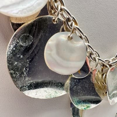 Vintage 90s Mother of Pearl Silver Tone Disc Bib Necklace Suede Cord Jewelry - Thumbnail 4