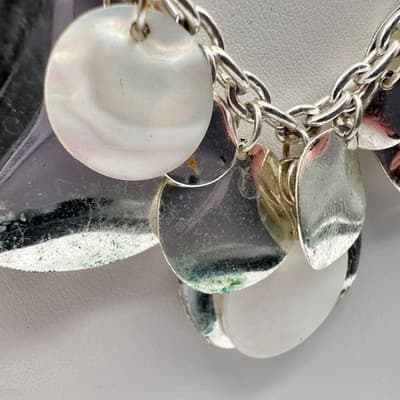Vintage 90s Mother of Pearl Silver Tone Disc Bib Necklace Suede Cord Jewelry - Thumbnail 5
