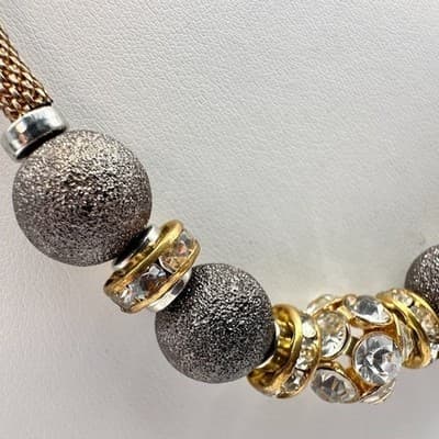Vintage Y2K Gray Stardust Beads Rhinestone Mesh chain Gold tone Necklace Jewelry - Thumbnail 5