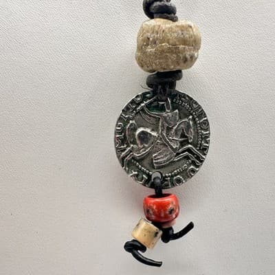 Vintage 90s Ceramic Bead Round Coin Necklace Silver Tone Women's Jewelry - Thumbnail 4