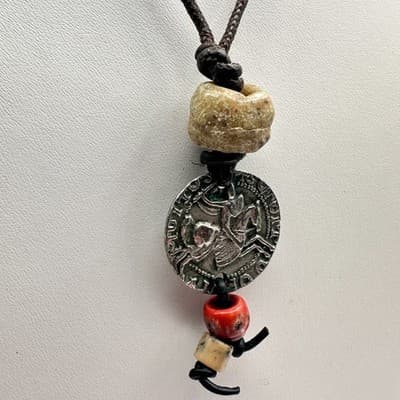 Vintage 90s Ceramic Bead Round Coin Necklace Silver Tone Women's Jewelry - Thumbnail 6