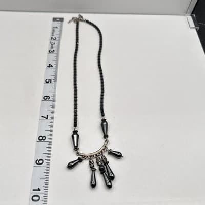 Vintage 90s Hematite Stone Fringe Necklace Silver Tone Dangle Boho Chic Jewelry - Thumbnail 10