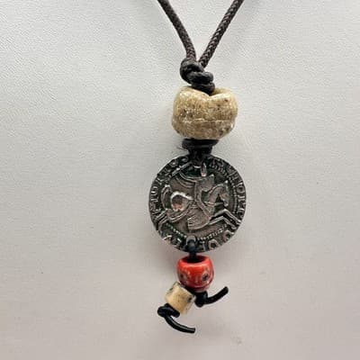 Vintage 90s Ceramic Bead Round Coin Necklace Silver Tone Women's Jewelry - Thumbnail 2