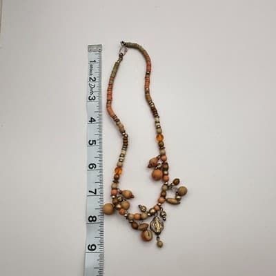 Vintage 70s Boho Colors Wood Shell Bead Dangle Choker Necklace Statement Jewelry - Thumbnail 10