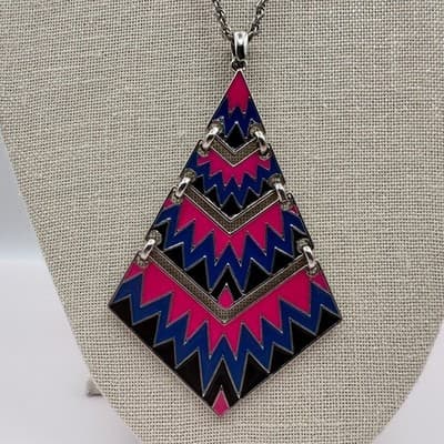 Vintage 80s Pop Art Geometric Statement Necklace Pink Blue Black Enamel Jewelry - Thumbnail 2
