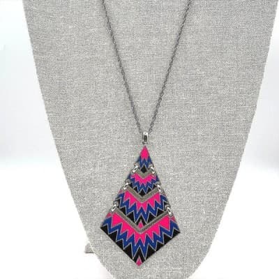 Vintage 80s Pop Art Geometric Statement Necklace Pink Blue Black Enamel Jewelry