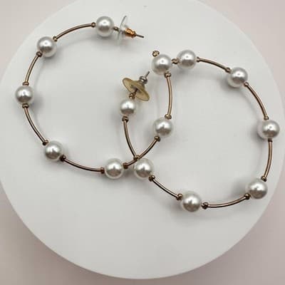 Vintage 90s White Faux Pearl Large Hoop Earrings Gold Tone Women's Jewelry - Thumbnail 2