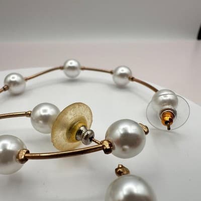 Vintage 90s White Faux Pearl Large Hoop Earrings Gold Tone Women's Jewelry - Thumbnail 6