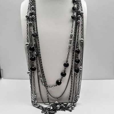 Vintage 90s Multi Strand Layered Necklace Faux Pearl Black Stone Gunmetal Tone - Thumbnail 2