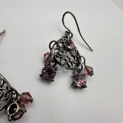 Vintage 90s Purple Crystal Bicone beads Chandelier Earrings Silver Tone Jewelry - Thumbnail 4