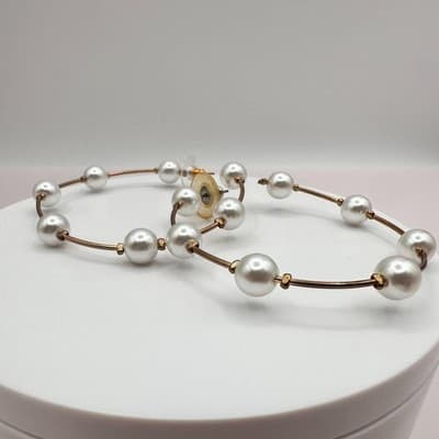 Vintage 90s White Faux Pearl Large Hoop Earrings Gold Tone Women's Jewelry - Thumbnail 3