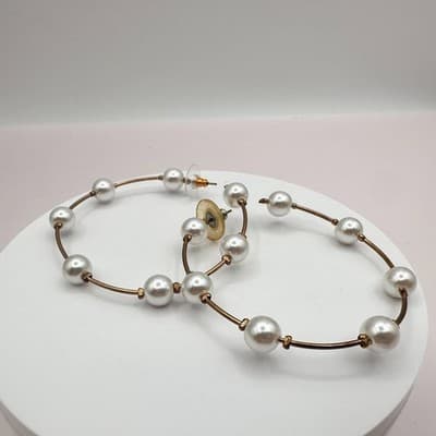 Vintage 90s White Faux Pearl Large Hoop Earrings Gold Tone Women's Jewelry - Thumbnail 4