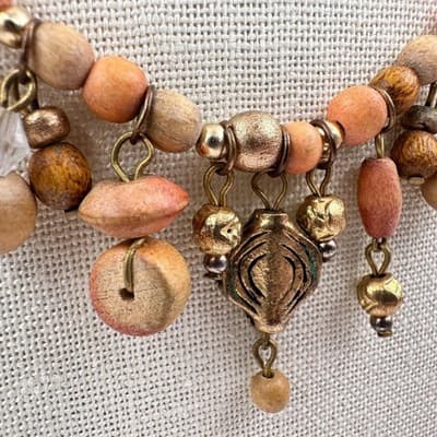 Vintage 70s Boho Colors Wood Shell Bead Dangle Choker Necklace Statement Jewelry - Thumbnail 7