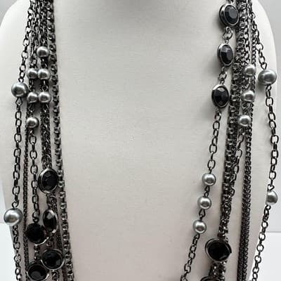 Vintage 90s Multi Strand Layered Necklace Faux Pearl Black Stone Gunmetal Tone - Thumbnail 8