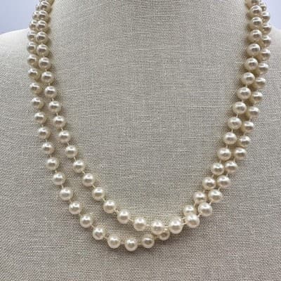 Vintage 90s Double Strand Faux Pearl Choker Necklace Classic Elegant Jewelry - Thumbnail 2