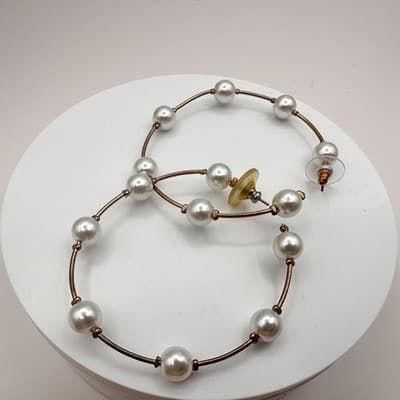Vintage 90s White Faux Pearl Large Hoop Earrings Gold Tone Women's Jewelry - Thumbnail 8