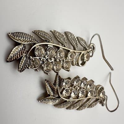 Vintage 90s White Crystal Leaf Dangle Earrings Silver Tone Women's Jewelry - Thumbnail 3
