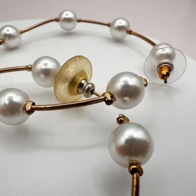 Vintage 90s White Faux Pearl Large Hoop Earrings Gold Tone Women's Jewelry - Thumbnail 7