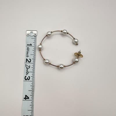Vintage 90s White Faux Pearl Large Hoop Earrings Gold Tone Women's Jewelry - Thumbnail 9