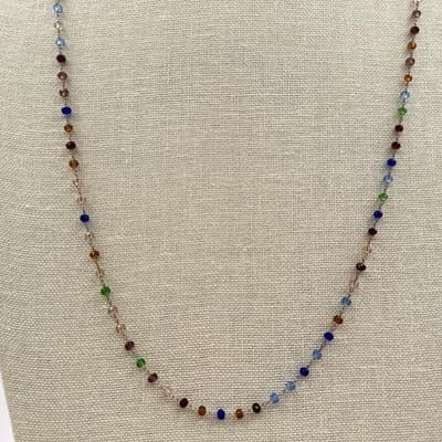Vintage 80s Rainbow Crystal Bead Necklace Chakra Glass Alloy Cable Chain Jewelry - Thumbnail 3