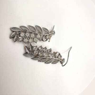 Vintage 90s White Crystal Leaf Dangle Earrings Silver Tone Women's Jewelry - Thumbnail 2