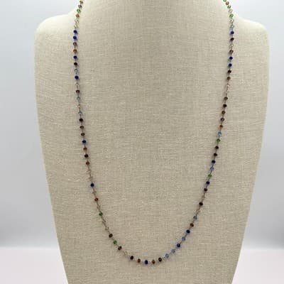 Vintage 80s Rainbow Crystal Bead Necklace Chakra Glass Alloy Cable Chain Jewelry - Thumbnail 2