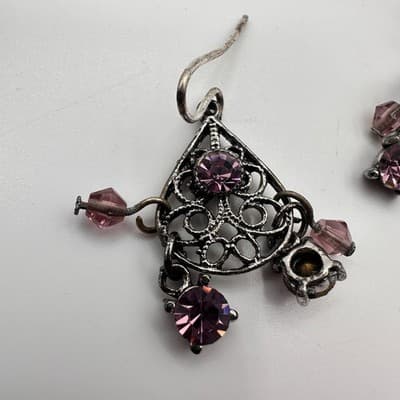 Vintage 90s Purple Crystal Bicone beads Chandelier Earrings Silver Tone Jewelry - Thumbnail 3
